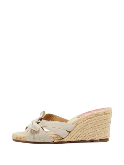 Pre-owned Christian Louboutin Tibur Bow Wedge Sandals In Neutrals