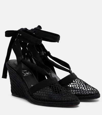 Christian Louboutin Toleda Mesh Ankle Strap Wedge Espadrilles In Black