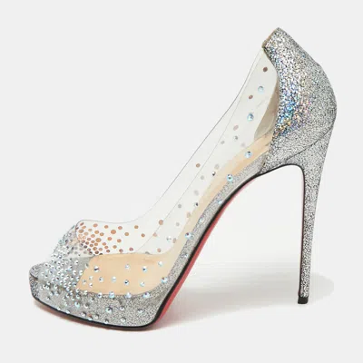 Pre-owned Christian Louboutin Transparent/blue Pvc And Glitter Suede Very Strass Peep Toe Pumps Size 38