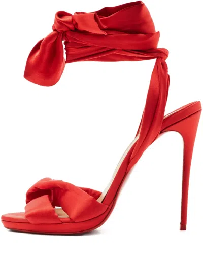 Pre-owned Christian Louboutin Tres Frais Satin Tie Sandals In Red