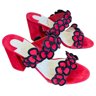Pre-owned Christian Louboutin Tres Pansy 85 Red Suede Block Heel Mules Sz 39 Us 8.5 Floral