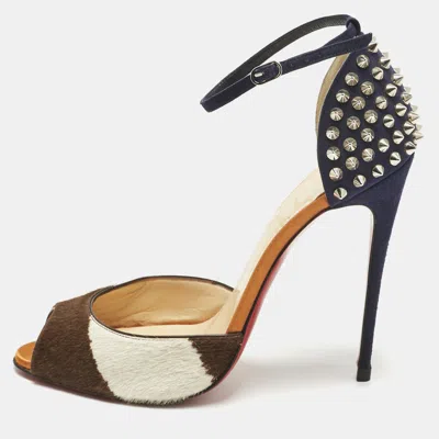 Pre-owned Christian Louboutin Tricolor Calf Hair And Suede Pina Spike Sandals Size 38.5 In Blue