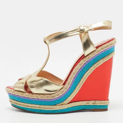 Pre-owned Christian Louboutin Trotolita Size 39 Multicolor Leather Wedge Sandals
