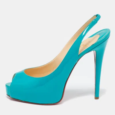 Pre-owned Christian Louboutin Turquoise Blue Patent Leather Private Number Peep Toe Slingback Pumps Size 38.5