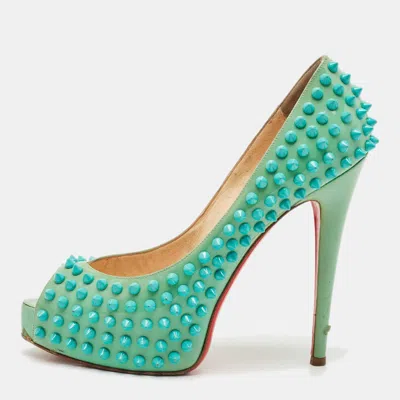 Pre-owned Christian Louboutin Turquoise Patent Leather Very Prive Peep Toe Pumps Size 38 In Blue