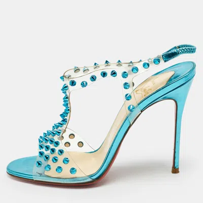 Pre-owned Christian Louboutin Turquoise Spiked Pvc J-lissimo T Strap Sandals Size 37 In Blue