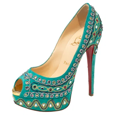 Pre-owned Christian Louboutin Turquoise Suede Crystal Embellished Peep Toe Platform Pumps Size 37.5