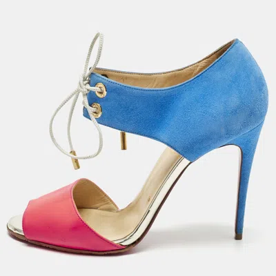 Pre-owned Christian Louboutin Two Tone Patent Leather And Suede Mayerling Sandals Size 39.5 In Blue