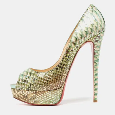 Pre-owned Christian Louboutin Two Tone Python Lady Peep Pumps Size 38 In Green