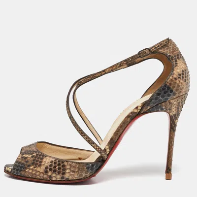Pre-owned Christian Louboutin Two Tone Python Leather Peep Toe Cross Strap Sandals Size 39 In Brown