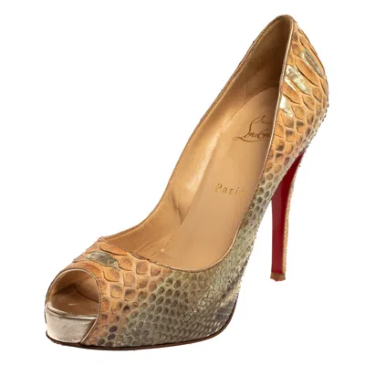 Pre-owned Christian Louboutin Two Tone Python New Very Prive Peep Toe Pumps Size 38.5 In Beige