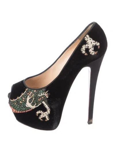 Pre-owned Christian Louboutin Velvet Patterned Pumps In Black