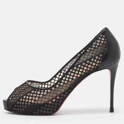 Pre-owned Christian Louboutin Very Lace Size 38.5 Black Lace And Leather Platform Pumps