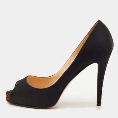 Pre-owned Christian Louboutin Very Prive Size 39 Black Satin Crystal Embellished Platform Peep Toe Pumps