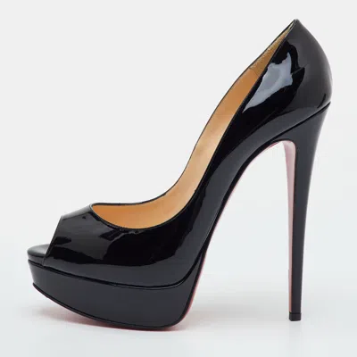 Pre-owned Christian Louboutin Very Prive Size 39.5 Black Patent Leather Platform Peep Toe Pumps