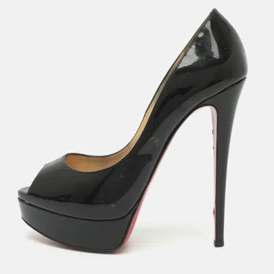 Pre-owned Christian Louboutin Very Prive Size 39.5 Black Patent Leather Platform Peep Toe Pumps
