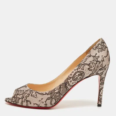 Pre-owned Christian Louboutin Very Prive Size 40.5 Black Lace And Satin Peep Toe Pumps
