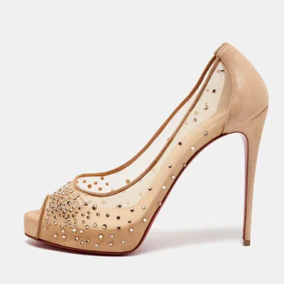 Pre-owned Christian Louboutin Very Strass Size 39 Beige Mesh And Suede Peep Toe Platform Pumps In Sand