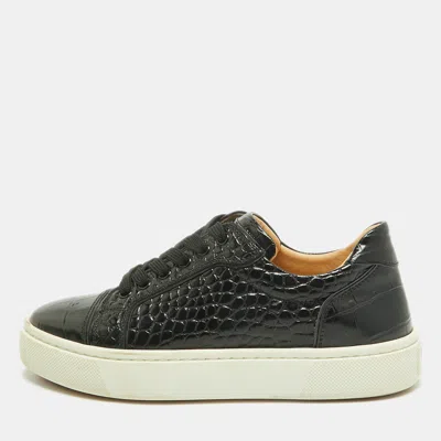 Pre-owned Christian Louboutin Vierissima Size 38.5 Black Croc Embossed Leather Lace Up Sneakers