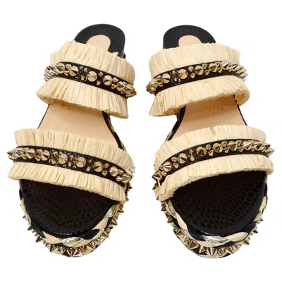 Pre-owned Christian Louboutin Voltinoudou Raffia Studded Platform Wedge Sandals