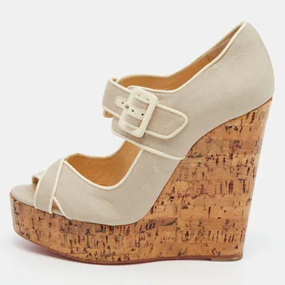 Pre-owned Christian Louboutin White Canvas And Leather Cork Melides Wedge Peep Toe Pumps Size 39