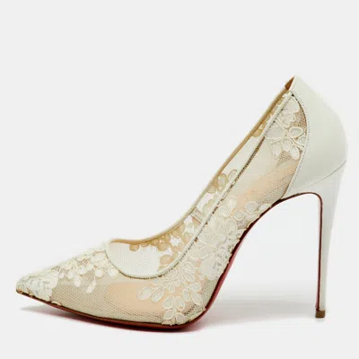 Pre-owned Christian Louboutin White Lace And Leather Follies Pumps Size 38.5