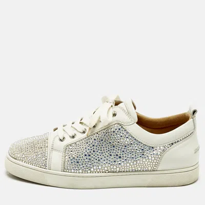Pre-owned Christian Louboutin White Leather And Crystal Louis Low Top Sneakers Size 43