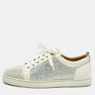 Pre-owned Christian Louboutin White Leather And Suede Crystal Embellish Louis Lace Up Sneakers Size 43.5