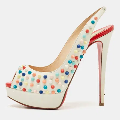 Pre-owned Christian Louboutin White Leather Lady Peep Multicolor Spikes Slingback Sandals Size 38.5