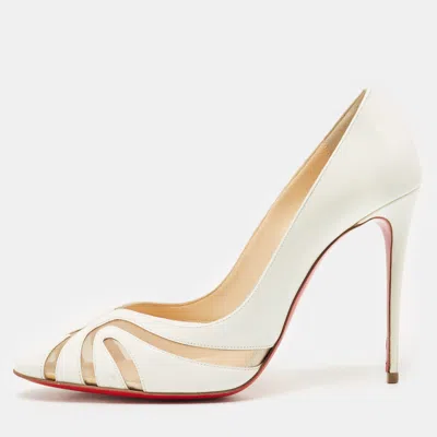 Pre-owned Christian Louboutin White Patent Leather And Mesh Olive 100 Pumps Size 40