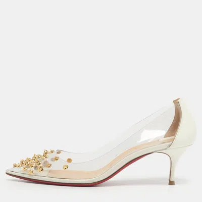 Pre-owned Christian Louboutin White Patent Leather And Pvc Collaclou Spikes Pumps Size 36.5