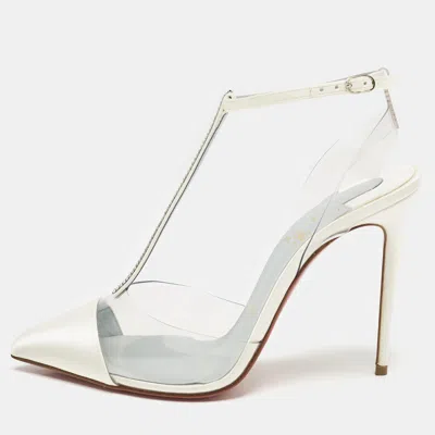 Pre-owned Christian Louboutin White Pvc And Satin Nosy Strass Pumps Size 37.5