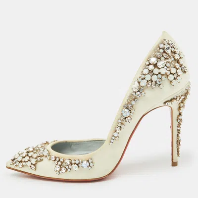 Pre-owned Christian Louboutin White Satin Brodiriza Embellished D'orsay Pumps Size 35.5