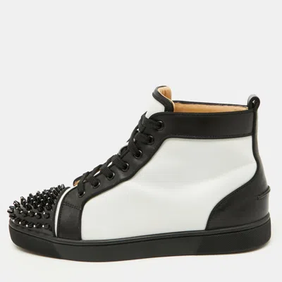 Pre-owned Christian Louboutin White/black Leather Lou Crystal Embellished Spikes Orlato Sneakers Size 42