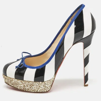 Pre-owned Christian Louboutin White/black Striped Patent And Leather Foraine Pumps Size 41
