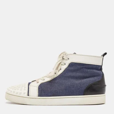 Pre-owned Christian Louboutin White/blue Leather Lou Degra Spike High Top Sneakers Size 43.5