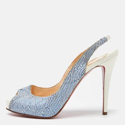 Pre-owned Christian Louboutin White/blue Striped Fabric No Prive Slingback Pumps Size 38.5