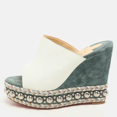 Pre-owned Christian Louboutin White/green Leather Janibasse Wedge Sandals Size 39