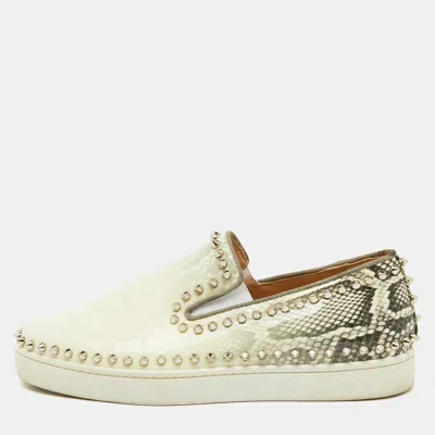 Pre-owned Christian Louboutin White/grey Snakeskin Print Patent Leather Pik Boat Sneakers Size 40.5