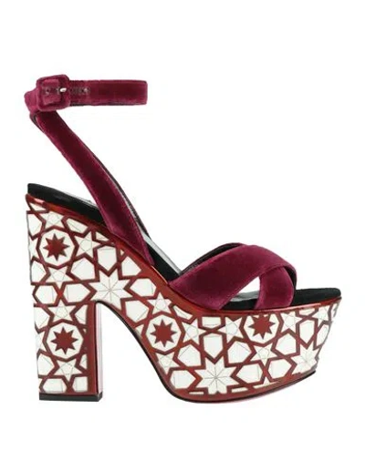 Christian Louboutin Woman Sandals Burgundy Size 7.5 Cotton, Polyester