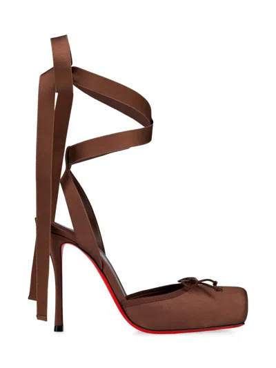 Christian Louboutin Women's Cassia Lace Up 100mm Satin Pumps In Brown