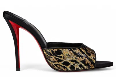 Pre-owned Christian Louboutin Women's  Miss Z Ocelot 100mm Mule Black Embroidered Crepe Satin Sneakers