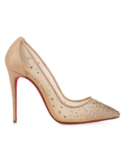 Christian Louboutin Women's Follies 100mm Mesh Strass Pumps In Beige