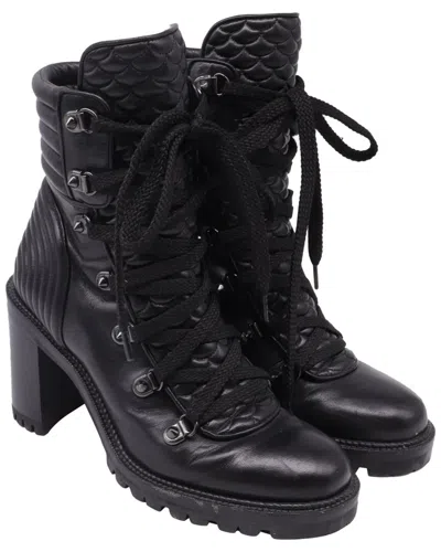 Pre-owned Christian Louboutin Women's Leather Mad 70 Lace-up Block-heel Combat Boot  (authentic Pre-loved)