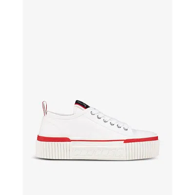 CHRISTIAN LOUBOUTIN CHRISTIAN LOUBOUTIN WOMEN'S WHITE SUPER PEDRO BRAND-EMBELLISHED WOVEN LOW-TOP TRAINERS