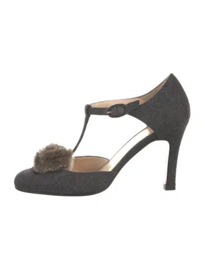 Pre-owned Christian Louboutin Wool Fur Trim T-strap Pumps In Grey