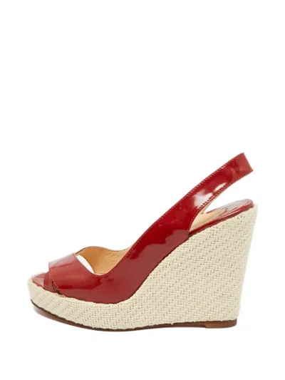Pre-owned Christian Louboutin Woven Wedge Leather Sandals In Red