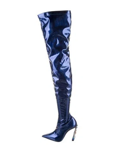 Pre-owned Christian Louboutin X Marvel Patent Leather Crystal Embellishments Boots In Blue