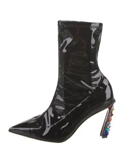 Pre-owned Christian Louboutin X Marvel Patent Leather Crystal Embellishments Sock Boots In Black