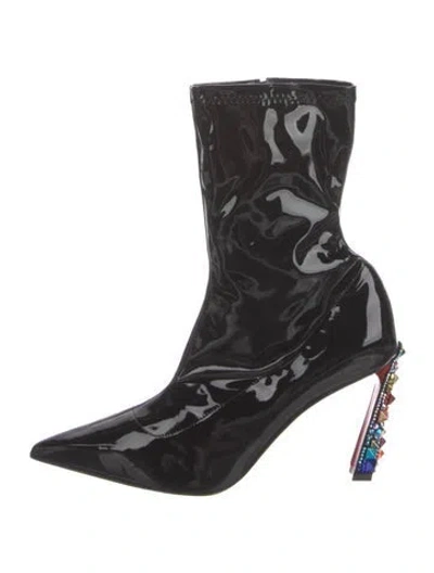 Pre-owned Christian Louboutin X Marvel Patent Leather Crystal Embellishments Sock Boots In Black